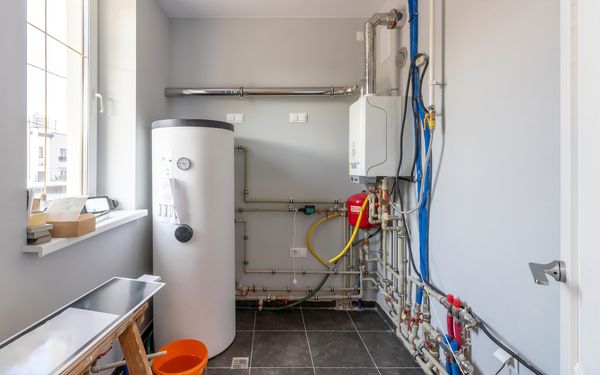 Es ist ein Raum in einem Einfamilienhaus mit einem Wasserspeicher abgebildet.