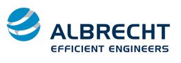 Logo von Albrecht, einem Ingenieurbüro, mit einem blauen Globus und Schriftzug.