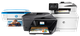 Three HP printers printing photos and documents in color.