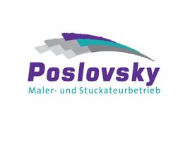 Logo mit Schriftzug "Poslovsky Maler- und Stuckateurbetrieb" in lila mit grafischen Elementen.