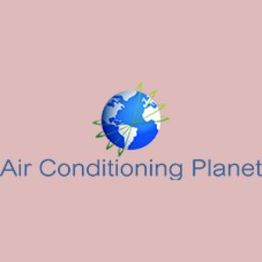 Logo with a globe and green arrows, text reads "Air Conditioning Planet" on a pink background.