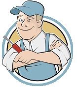 Cartoon handyman winking, in blue cap and overalls, holding a red screwdriver, arms crossed.