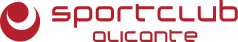 Logotipo rojo de Sportclub Alicante con un diseño circular a la izquierda del texto.