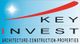 Logo von Key Invest mit den Worten: Architektur, Bau, Immobilien vor blauem Hintergrund.