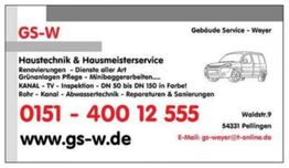 Visitenkarte für Gebäudeservice Weyer mit Kontaktinfos und Dienstleistungen im Bereich Haustechnik.
