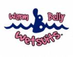 Logo with text "Warm Belly Wetsuits" featuring waves and a person swimming.