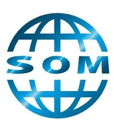 Blaues Logo mit dem Wort "SOM" vor stilisiertem Globus.