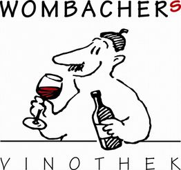 Zeichnung: Person mit Weinglas und Flasche, Text "Wombachers Vinothek" oben und unten.