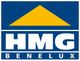 Logo mit blauem Hintergrund, gelbem Dreieck und Text "HMG BENELUX".