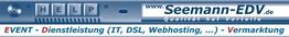 Banner von Seemann-EDV mit IT-Dienstleistungen und Vermarktungstext in Blau und Rot.