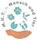Logo mit dem Text "M.U.T. - Mensch und Tier", Pfoten und Tierabdrücke über einer offenen Hand.