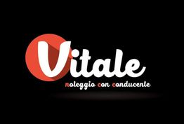 Logo "Vitale noleggio con conducente" su sfondo nero, con testo bianco e rosso.