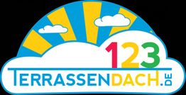 Logo mit Wolken, Sonne und Schriftzug "123 Terrassendach.de" in bunten Farben.