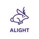 Minimalist purple jackalope logo with "ALIGHT" text below.