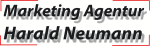 "Textgrafik: Marketing Agentur Harald Neumann in schwarz-roter Schrift auf weißem Hintergrund."