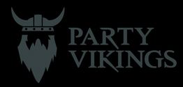 Viking-logo ved siden af teksten "Party Vikings" på sort baggrund.
