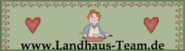 Illustration einer Frau beim Kochen, mit Herzen und der Aufschrift "www.Landhaus-Team.de".