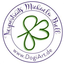 Logo mit Kleeblatt und Schriftzug: "Tierportraits Michaela Krell, www.DogiArt.de".