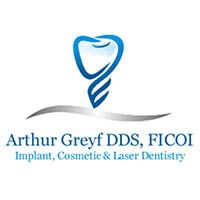 Logo for Arthur Greyf DDS, FICOI, specializing in implant, cosmetic, and laser dentistry.