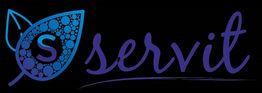 Logotipo de "Servit" con diseño de hoja azul y letras curvas sobre fondo negro.