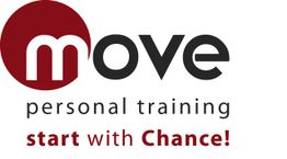Logo mit Text: "Move personal training, start with Chance!" auf weißem Hintergrund.