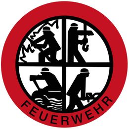 Rotes Feuerwehr-Emblem mit schwarzen Silhouetten von Feuerwehrleuten bei verschiedenen Tätigkeiten.