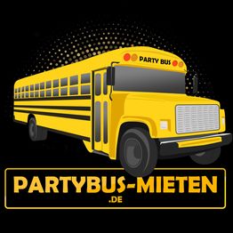 Gelber Partybus mit Schriftzug "PARTYBUS-MIETEN.DE" auf schwarzem Hintergrund.