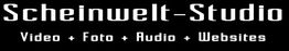 Text: Scheinwelt-Studio, Video + Foto + Audio + Websites auf schwarzem Hintergrund.
