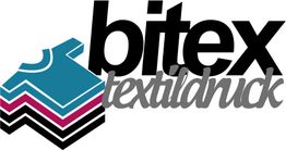 Logo von Bitex Textildruck mit buntem T-Shirt-Design.