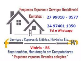 Cartão de reparos residenciais e manutenção em computadores, com contatos de telefone e WhatsApp.