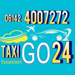 Rüsselsheim Taxi GO24 Werbung mit Auto, Flugzeug und Telefonnummer 06142 4007272.