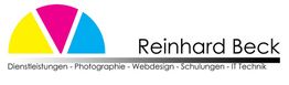 Logo mit farbigem Halbkreis und Text "Reinhard Beck Dienstleistungen - IT Technik - Photographie".