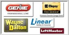 Logos of garage door brands: Genie, Clopay, Wayne Dalton, Linear, LiftMaster.