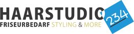 Logo mit Text: "HAARSTUDIO 234 FRISEURBEDARF STYLING & MORE" in Schwarz und Blau.
