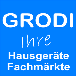 Weiße Schrift auf blauem Hintergrund: "GRODI Ihre Hausgeräte Fachmärkte".