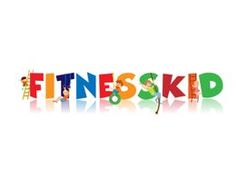 "Cartoon kids playing on colorful letters spelling 'FITNESSKID'."