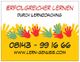 Erfolgreiches Lernen Banner mit bunten Händen, Telefonnummer und Website: lern-genuss.com.
