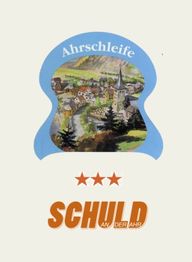 Idyllische Dorfansicht von Schuld an der Ahr, mit drei roten Sternen illustriert.