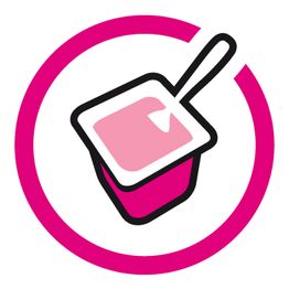 Icono de un yogur rosa con cuchara dentro de un círculo rosa.