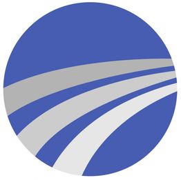 Blauer Kreis mit drei gebogenen, grauen Streifen, die nach rechts verlaufen.