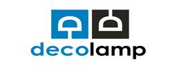 Logotipo con el texto "decolamp" y dos íconos de lámpara en azul y negro.