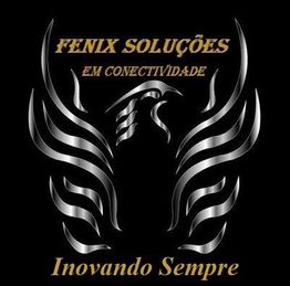 Logotipo prateado de fênix com texto: "Fenix Soluções em Conectividade, Inovando Sempre".