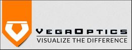 Logo von VegaOptics mit Slogan "Visualize the Difference" auf grauem Hintergrund.