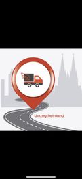 Standortsymbol mit LKW auf Straße, Skyline und Text "Umzugrheinland" im Hintergrund.