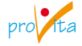 Logo mit der Aufschrift "provita" in blauer Schrift, rotem Punkt und orangem Haken.