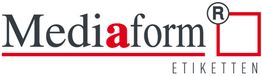 Logo mit dem Text "Mediaform Etiketten" in Schwarz und Rot mit rotem Quadrat und "®".