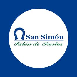 Logo de San Simón Salón de Fiestas con herradura azul sobre fondo blanco y azul.