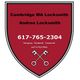 Red shield logo for Cambridge MA Locksmith with contact number and services listed.