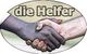 Zwei Hände verschiedener Hautfarben im Händedruck, mit dem Text "die Helfer" darüber.