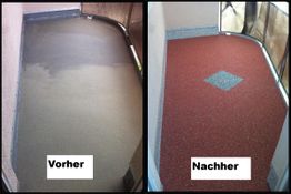 Vorher-Nachher-Vergleich eines Bodens: links grau, rechts rot mit grauem Muster.